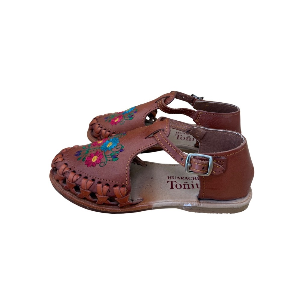 Huaraches Tonita Mexican Leather Floral Embroidered Sandals Brown Womens Size 5